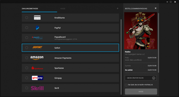 Auch bei Epic gibt es die üblichen Bezahlmethoden. (Bild: Epic Games/Screenshot: Golem.de)
